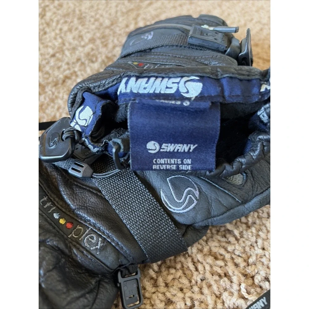Swany Classic Black Leather Tri-Plex Insulated Ski Gloves Mittens Womens Small